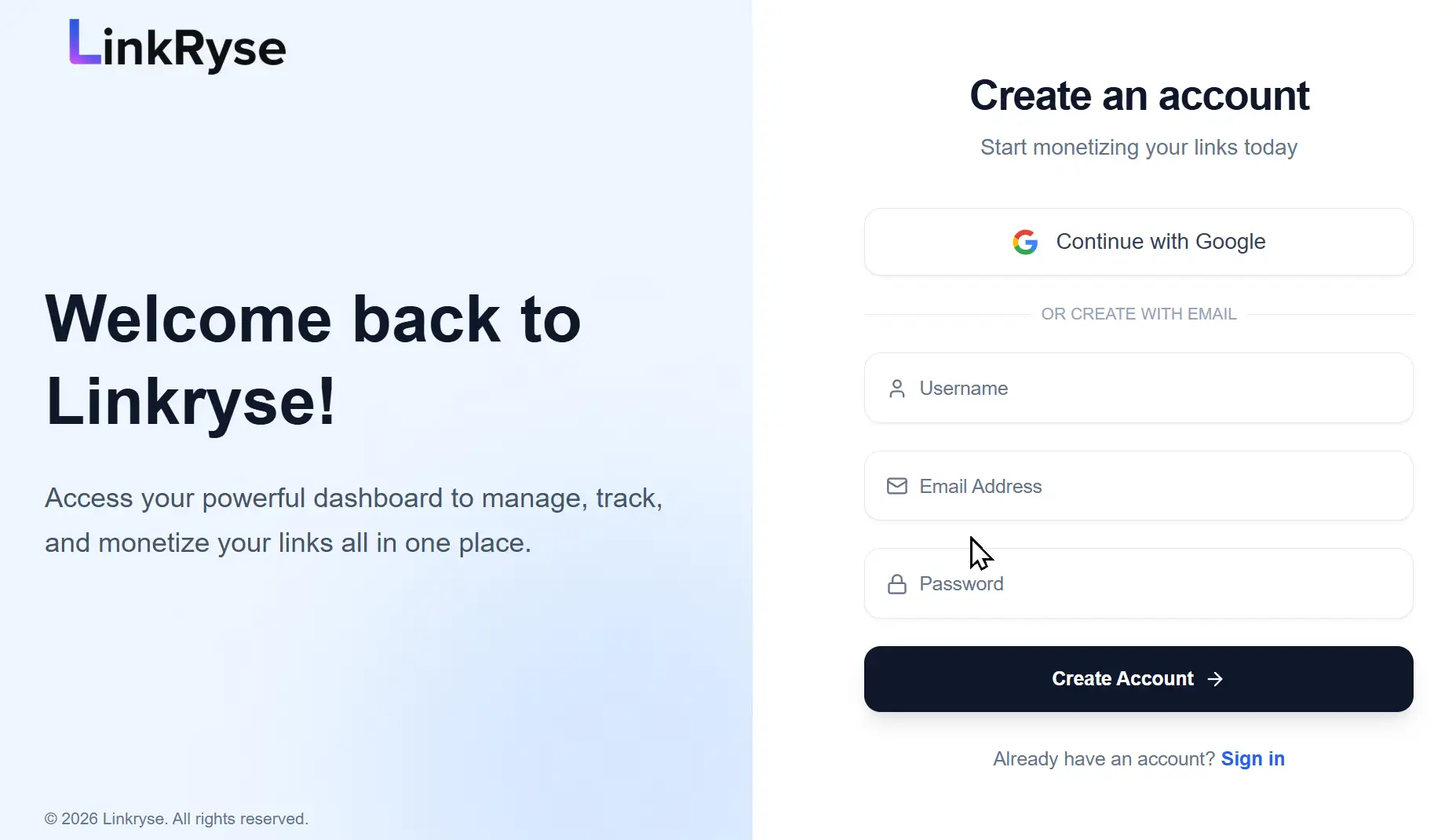 Linkryse Sign Up Form