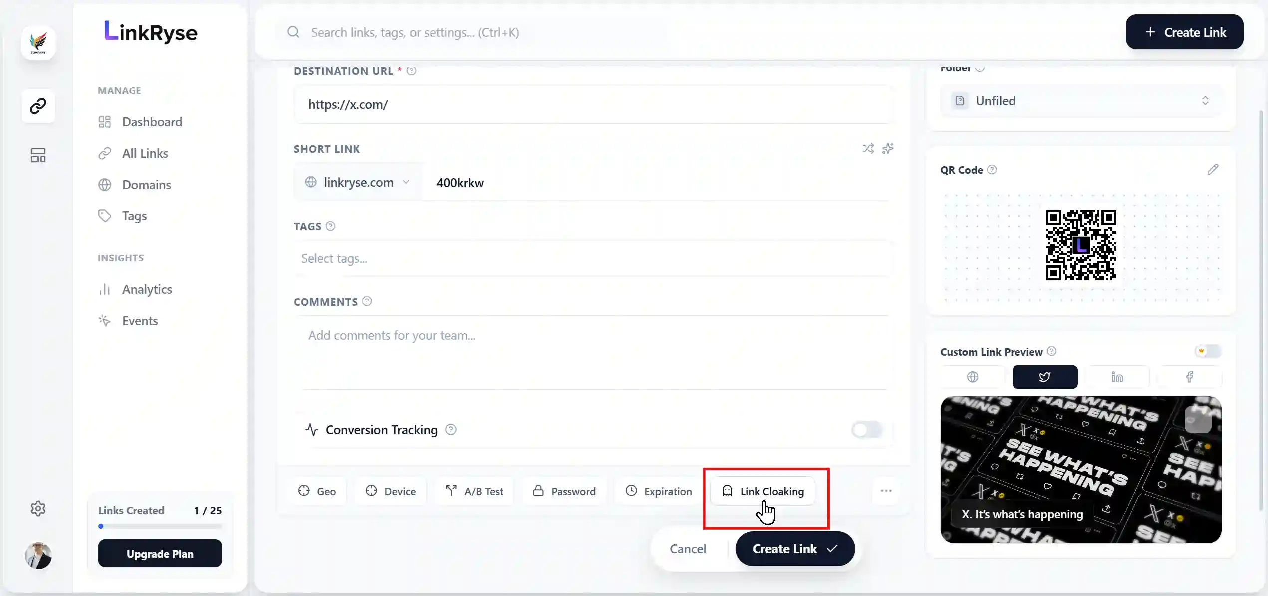 Linkryse Link Builder showing the Cloaking Toggle